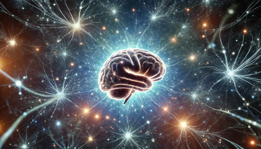 A human brain surrounded by interconnected glowing neurons, symbolizing memory storage and retrieval. The background is deep and immersive, emphasizing neural pathways and cognitive science.