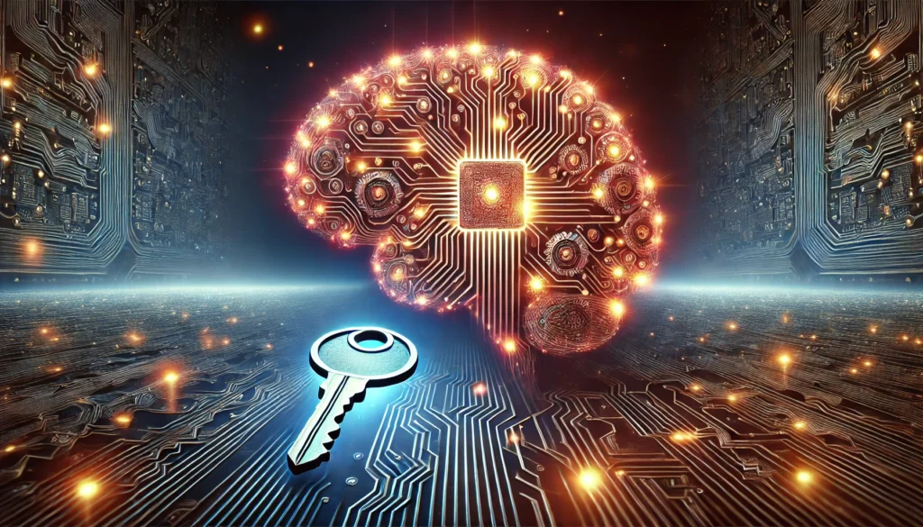 A futuristic brain made of interconnected glowing circuits, with a digital key hovering nearby, symbolizing access to vast memory and knowledge. The background is deep and immersive, emphasizing advanced cognition and neural data.