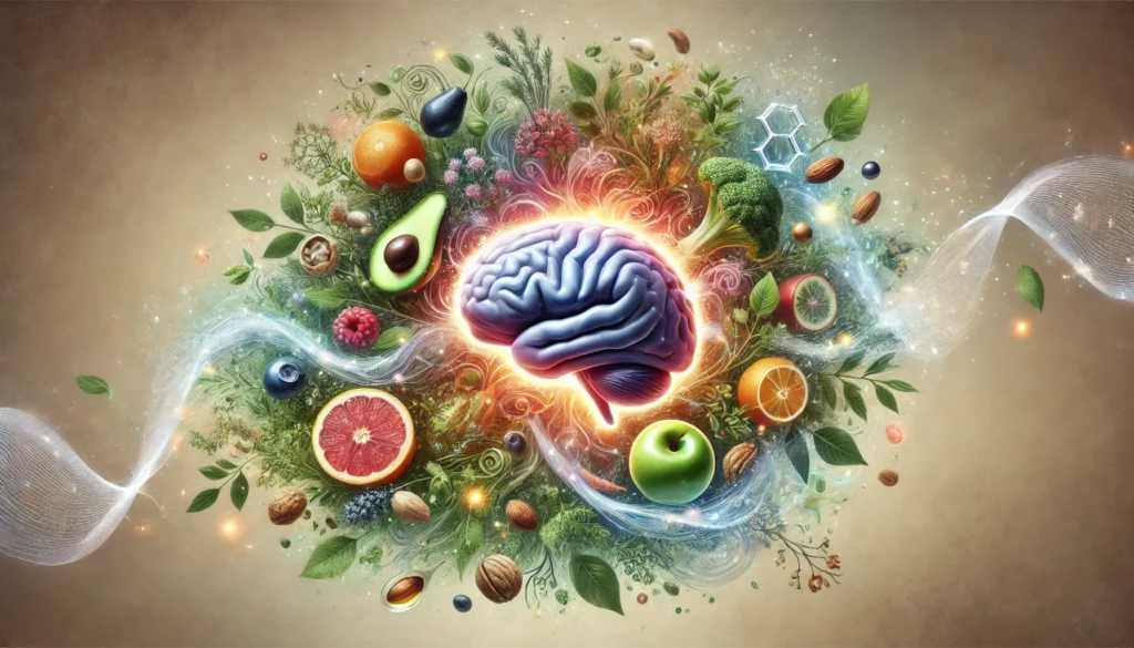 A glowing brain surrounded by swirling detoxifying energy, with nature-inspired elements such as fresh fruits, omega-3 rich nuts, and healthy herbs. The background is soft and natural, symbolizing brain-cleansing benefits.