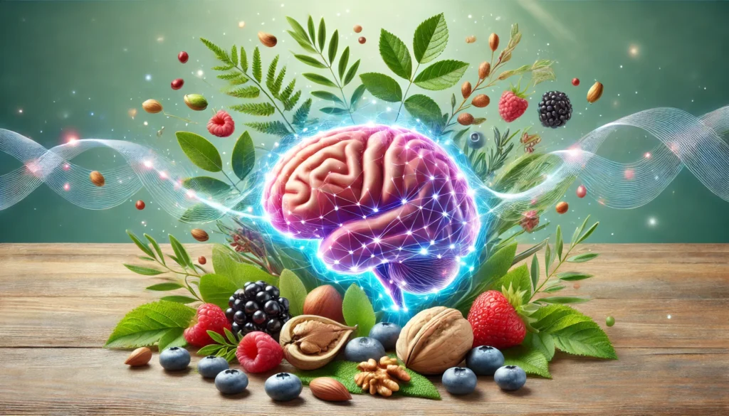 A healthy, radiant brain with energy waves flowing through it, surrounded by antioxidants like berries, nuts, and herbal leaves, symbolizing cognitive rejuvenation. The background is fresh and tranquil, emphasizing natural brain health.