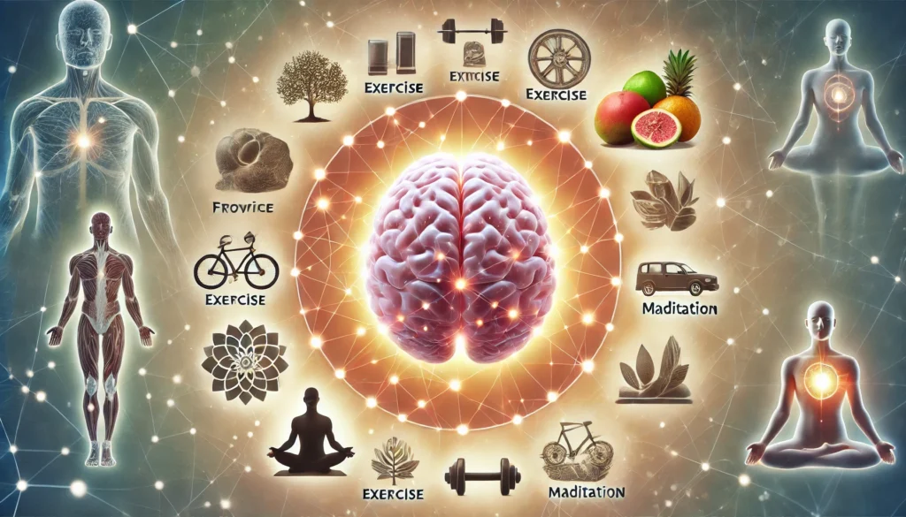 A glowing human brain with neural connections illuminated, surrounded by healthy lifestyle symbols like fruits, exercise, and meditation, symbolizing cognitive well-being. The background is soft and natural, emphasizing brain vitality.