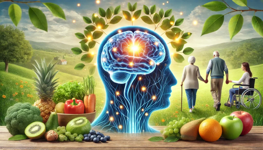 A healthy human brain with glowing neural pathways, surrounded by nature, fresh foods, and an active elderly couple, symbolizing long-term mental wellness. The background is peaceful and inspiring, emphasizing brain vitality.