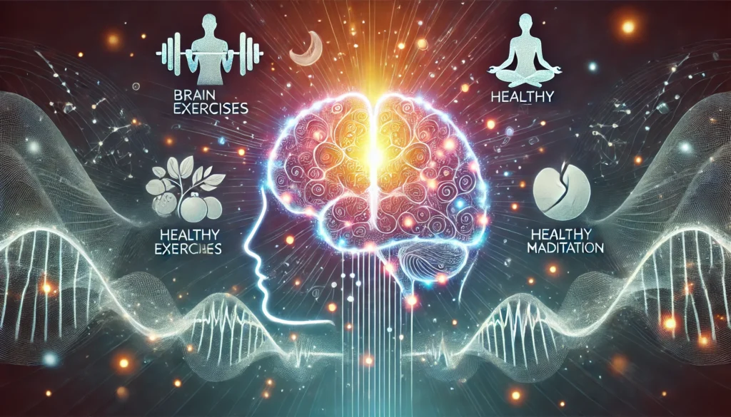 A glowing brain with energy waves flowing through it, surrounded by symbols of brain exercises, healthy eating, and meditation, symbolizing long-term mental agility. The background is calming and rejuvenating, emphasizing cognitive health.