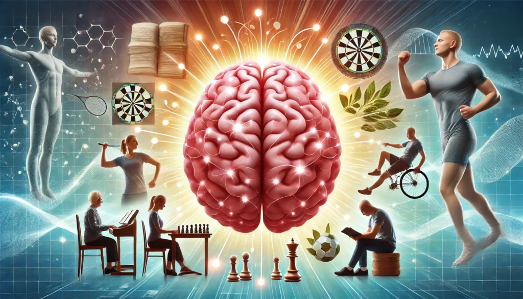 A brain with radiant neural pathways, surrounded by activities like reading, playing chess, and exercising, symbolizing mental sharpness. The background is bright and uplifting, emphasizing lifelong cognitive well-being.