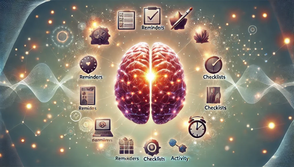 A glowing brain with neural pathways illuminated, surrounded by reminders, checklists, and brain-boosting activities, symbolizing improved memory retention. The background is soft and inspiring, emphasizing mental clarity and focus.