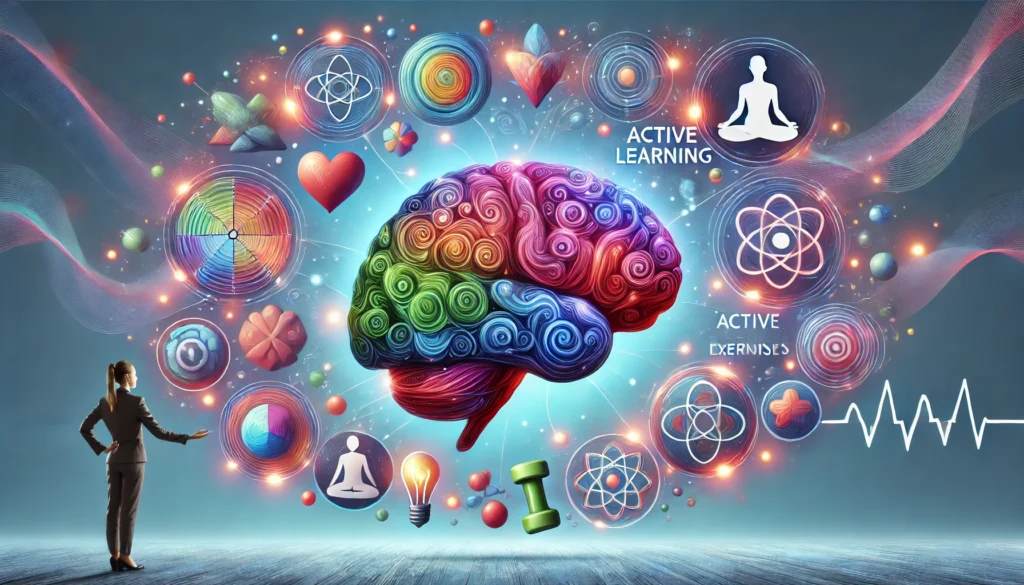 A vibrant brain surrounded by visual cues like symbols of mindfulness, active learning, and cognitive exercises, symbolizing memory improvement. The background is calming and stimulating, emphasizing focus and recall.