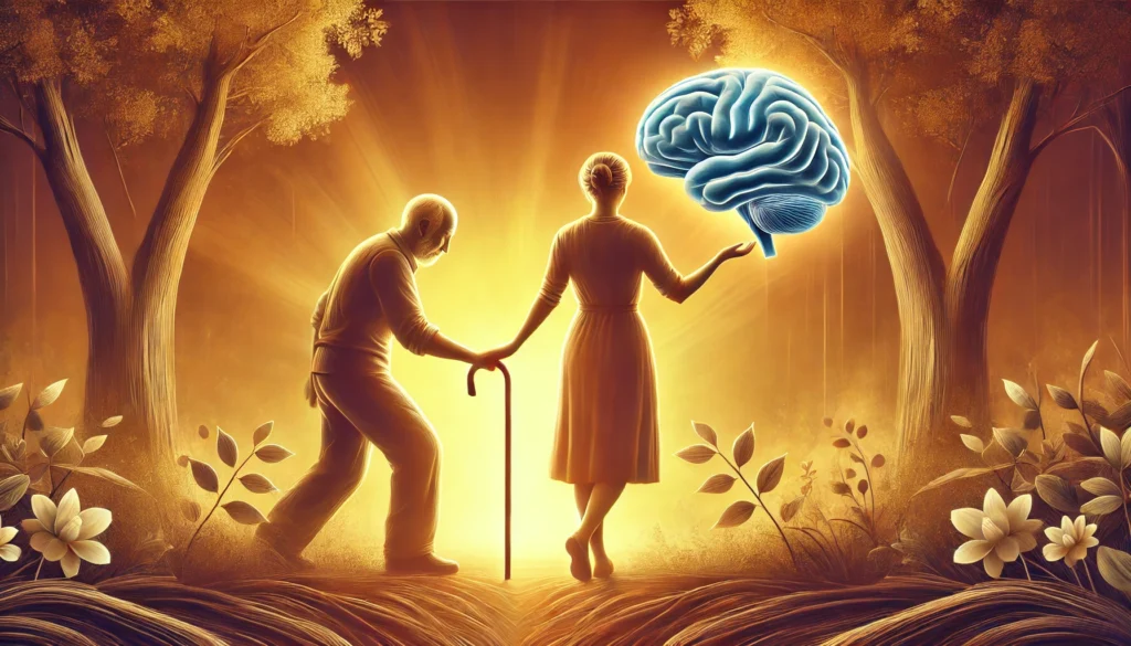 A gentle caregiver guiding an elderly person through a garden, symbolizing support and cognitive care. The background is warm and nurturing, emphasizing compassion and patience.