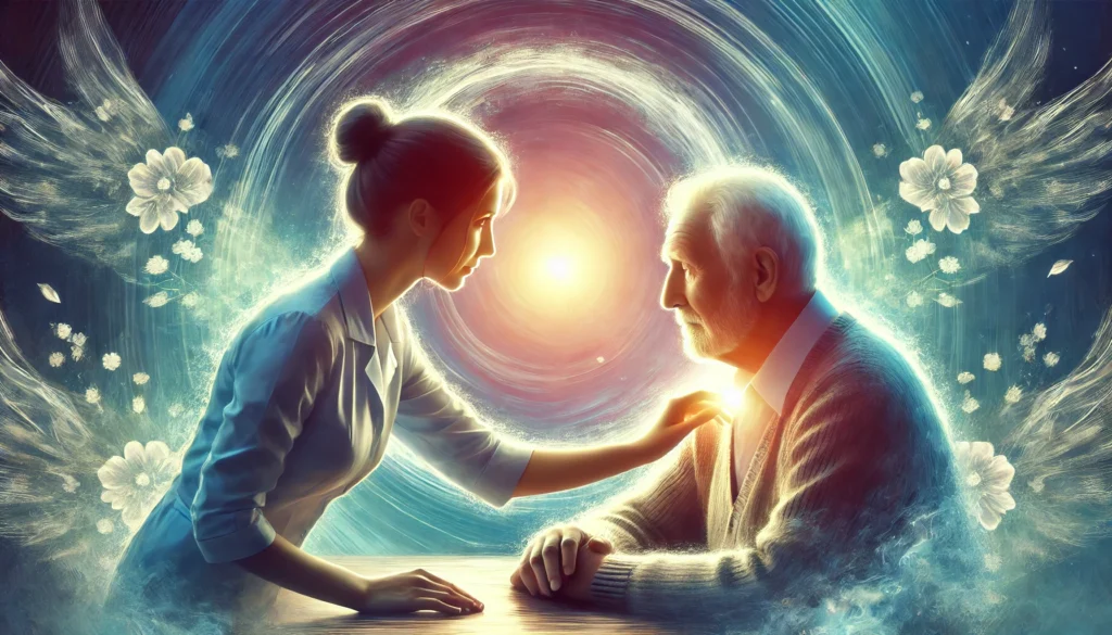 A caregiver assisting an elderly person in recalling memories, with a soft glowing effect representing love and support. The background is peaceful and uplifting, emphasizing emotional connection and mental care.