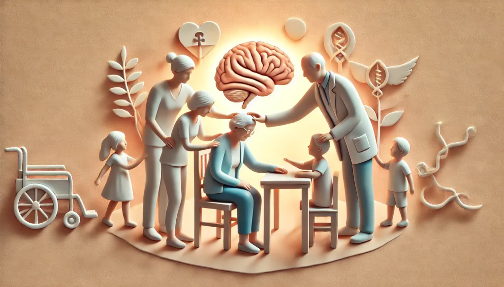 A loving family surrounding an elderly person, engaging in activities that stimulate memory, symbolizing support and cognitive care. The background is soft and inviting, emphasizing warmth and understanding.