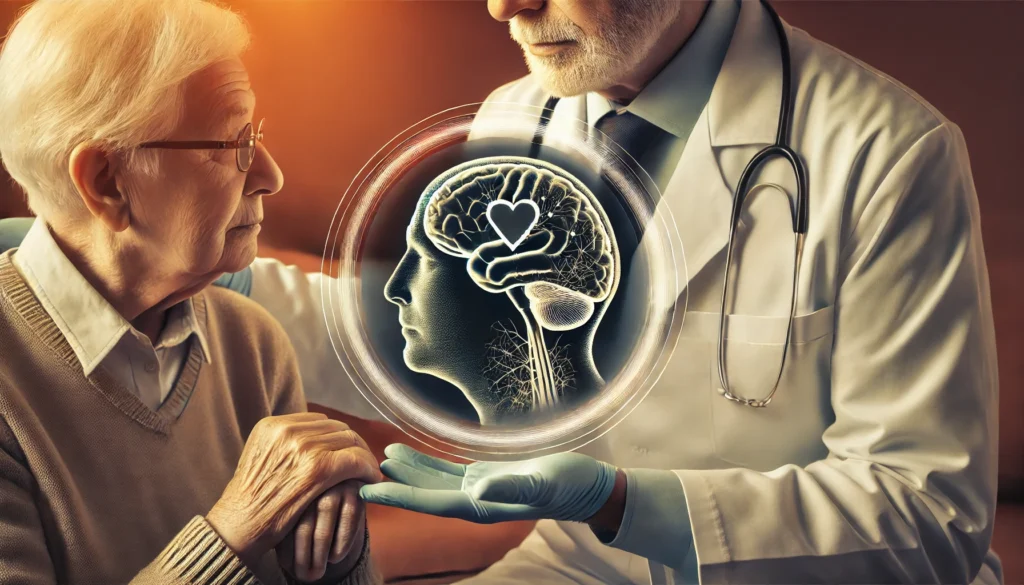 A doctor examining brain scans with an elderly patient, discussing cognitive health in a caring environment. The background is warm and professional, emphasizing medical awareness and timely intervention.