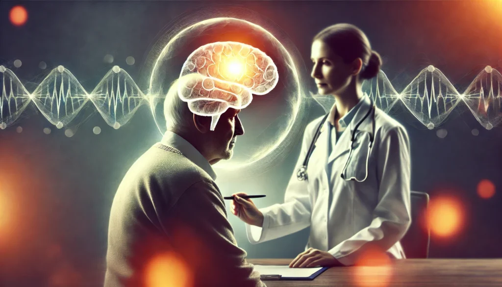 A doctor and an elderly person engaged in a memory assessment, with a soft glow symbolizing hope and early intervention. The background is calm and professional, emphasizing healthcare support.