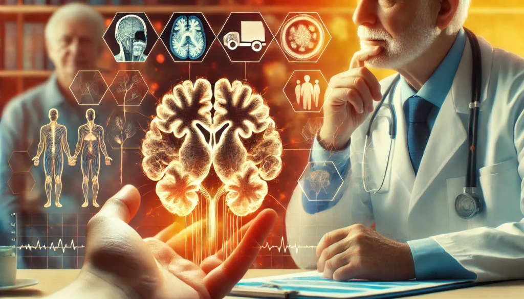 A close-up of a brain scan with highlighted neural pathways, alongside a doctor discussing findings with a patient, symbolizing medical intervention and cognitive care. The background is warm and clinical, emphasizing early detection.