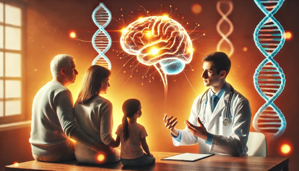 A doctor explaining brain changes to a family, with a glowing brain illustration in the background, symbolizing cognitive decline awareness. The setting is warm and professional, emphasizing education and medical knowledge.