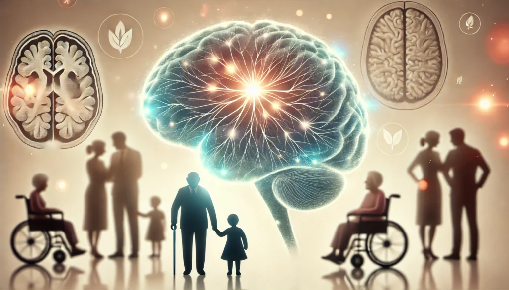 A glowing brain with neural pathways fading away, surrounded by silhouettes of an elderly person and caregivers, symbolizing memory loss and support. The background is soft and informative, emphasizing awareness.