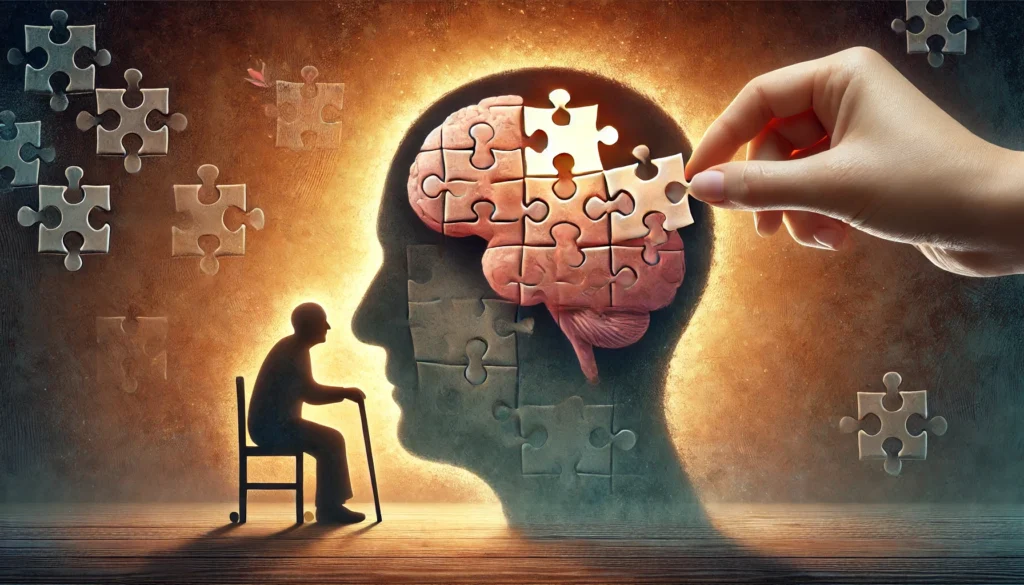 A faded brain shape with puzzle pieces missing, symbolizing cognitive decline, with a caregiver gently placing a piece back in, representing support and care. The background is warm and calming, emphasizing compassion.