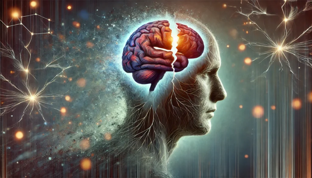 A conceptual artistic representation of head trauma affecting memory, featuring a fractured brain illustration with fading neural pathways, symbolizing cognitive decline. The background is moody and abstract.