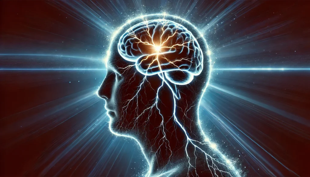 A symbolic image of a silhouette with a glowing brain, showing cracks or distortions in neural pathways, representing cognitive impairment caused by head trauma. The background is dark with a blue glow, emphasizing the fragility of brain function.