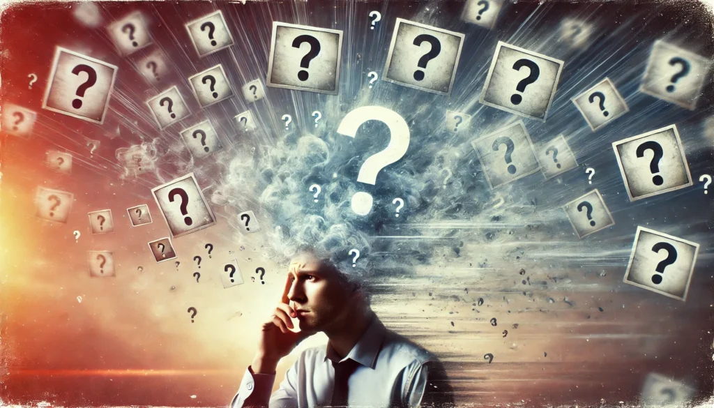 A symbolic image representing forgetfulness. A human head with puzzle pieces missing from the brain, symbolizing memory gaps and confusion. The background is dreamy and abstract, emphasizing cognitive uncertainty.