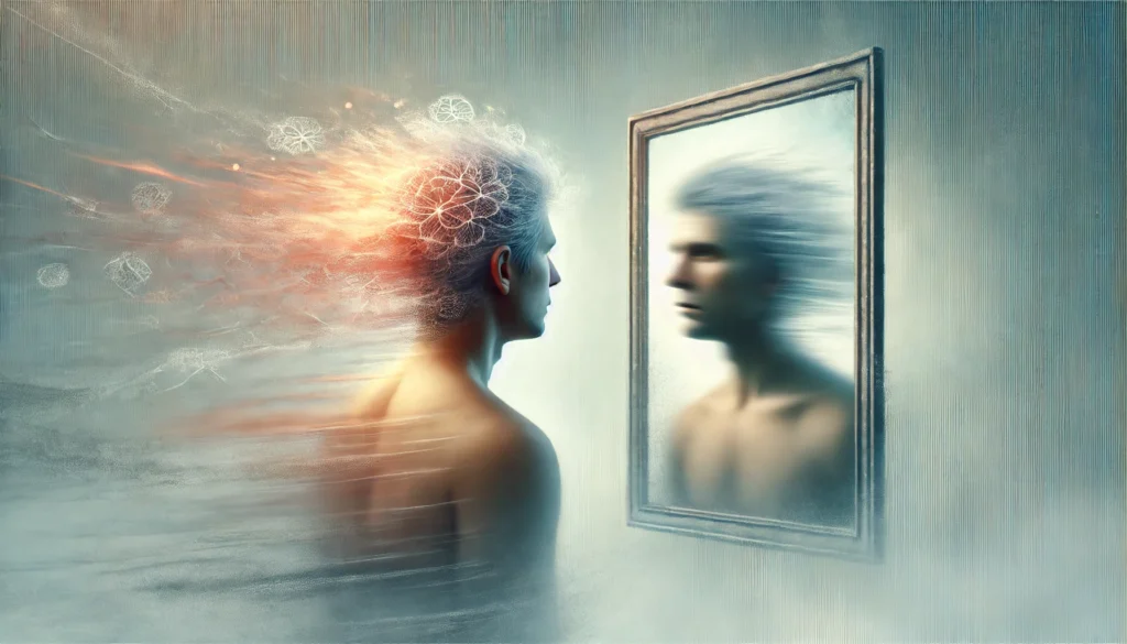 A conceptual artistic representation of forgetfulness. A person looking into a mirror with a blurred reflection, symbolizing memory loss and cognitive uncertainty. The background is soft and surreal, emphasizing the struggle of remembering.