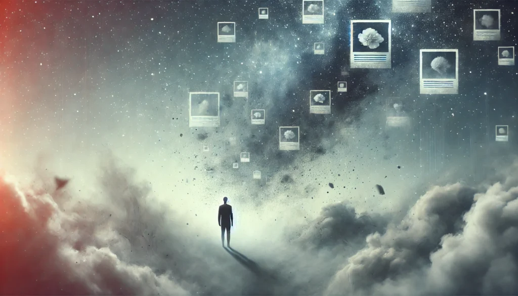 A symbolic image representing memory loss. A person standing in a foggy environment with floating memories fading away, symbolizing forgetfulness and cognitive struggle. The background is dreamy and mysterious, emphasizing the uncertainty of recollection.
