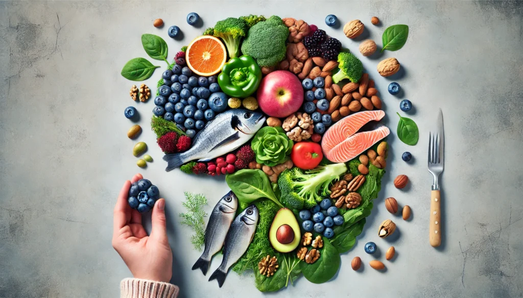 A vibrant assortment of healthy foods such as blueberries, leafy greens, nuts, and fish arranged in the shape of a brain, symbolizing cognitive health. The background is clean and minimalistic, emphasizing nutrition and wellness.