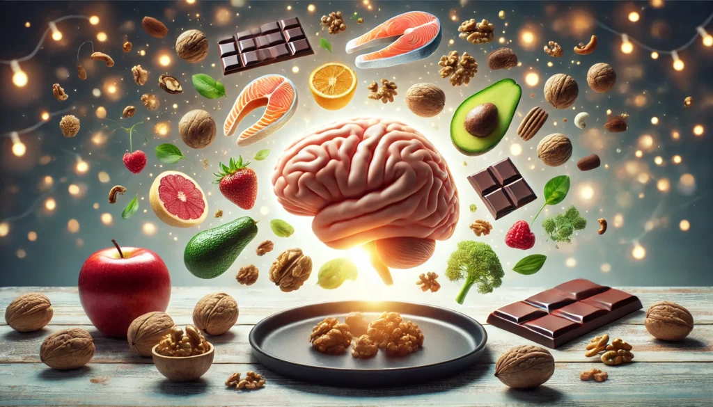 A collection of brain-healthy foods like avocados, salmon, walnuts, and dark chocolate floating around a glowing brain, symbolizing cognitive nourishment. The background is softly lit to emphasize vitality and well-being.