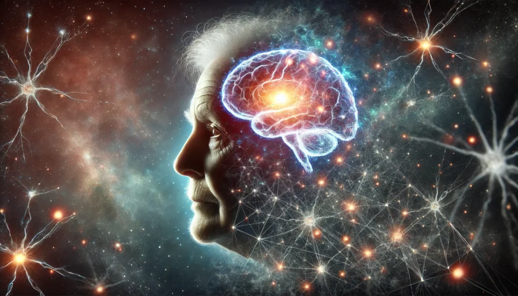 A conceptual digital painting of a mature adult silhouette with a glowing neural network inside the head, symbolizing midlife brain activity and cognition. The surreal background blends warm and cool colors, representing introspection and mental exploration.