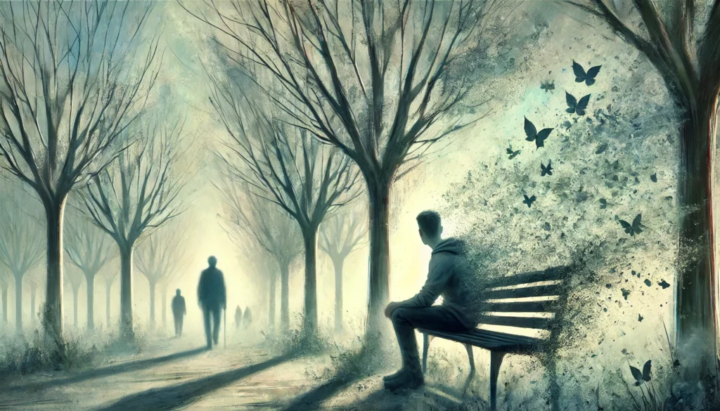 A symbolic digital painting of a young adult sitting alone on a park bench, surrounded by trees with fading, dissolving leaves, representing disappearing memories. The person's shadow is blurred and incomplete, emphasizing the sense of loss and disconnection. The background features a hazy, dreamlike setting with distant figures fading into the mist. Soft and muted shades of gray, blue, and faded green create an atmosphere of melancholy and cognitive decline.