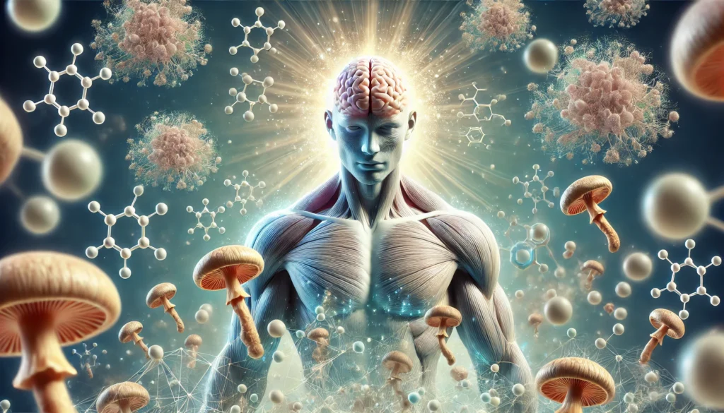 A futuristic visualization of a strong, glowing human brain surrounded by floating protein molecules and Lion’s Mane mushrooms, representing enhanced cognitive function and brain health.