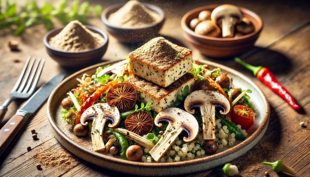 A close-up of a high-protein meal featuring grilled tofu, quinoa, and vegetables, lightly dusted with Lion’s Mane mushroom powder, emphasizing the combination of plant-based protein and cognitive benefits.