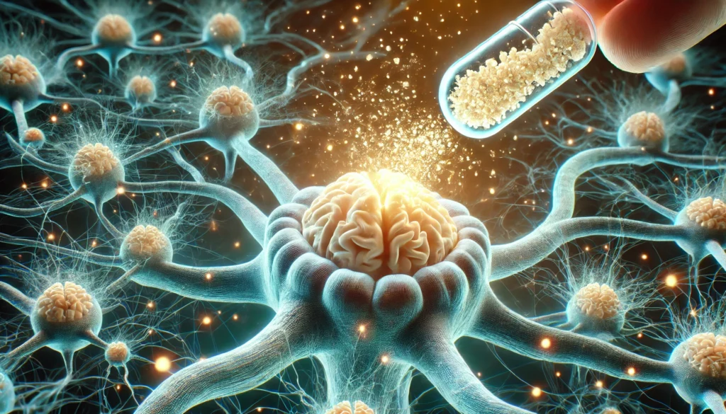 A conceptual scientific illustration showing Lion’s Mane mushroom protein being absorbed by brain cells, with a glowing neural network integrating protein particles into synapses, symbolizing cognitive enhancement.