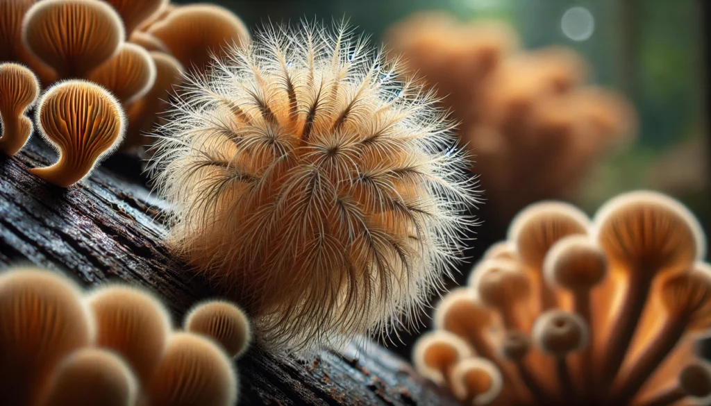 A close-up of Lion’s Mane mushrooms growing on a tree trunk, with a blurred background of similar-looking fungi, emphasizing the fine, hair-like spines that distinguish Lion’s Mane.