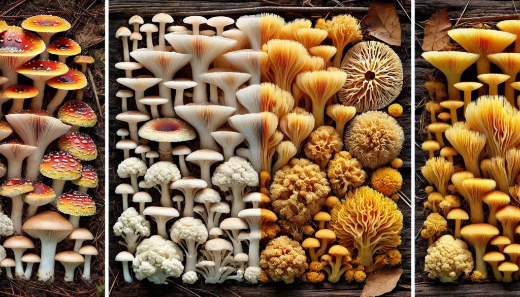 A detailed comparison of a forest floor featuring Lion’s Mane mushrooms alongside coral fungi and cauliflower fungi, showcasing key distinctions in shape, texture, and color.