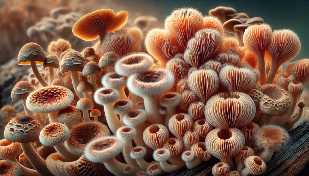 A macro shot of various fungi species growing in the wild, including Lion’s Mane mushrooms and their lookalikes, focusing on unique textures and colors for accurate identification.