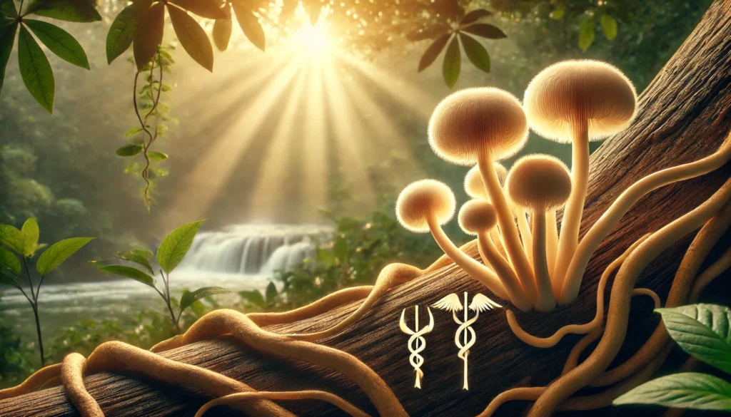 A serene natural setting with a close-up of Lion’s Mane mushrooms growing on a tree trunk, bathed in soft morning light, representing their organic healing properties for neurological health.