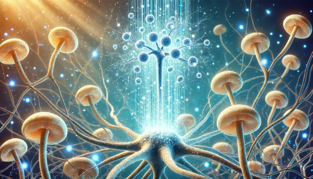 A conceptual illustration of nerve cells regenerating, with Lion’s Mane mushroom particles interacting with neurons, depicted with a glowing network and soft blue healing aura to symbolize neuroprotection.