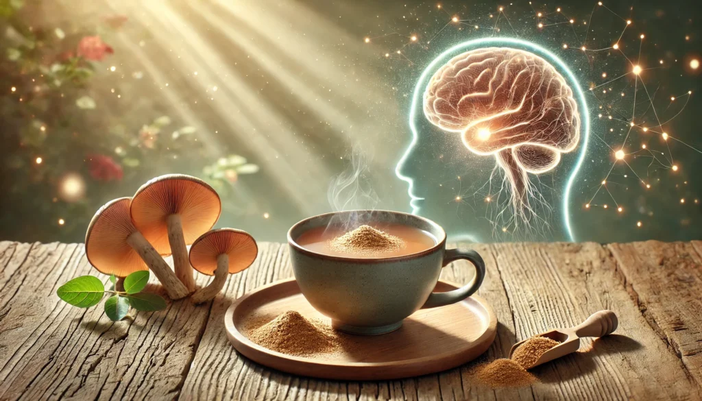 A peaceful wellness scene featuring a cup of tea infused with Lion’s Mane mushroom powder on a wooden table, with a glowing brain and neural pathways subtly appearing in the background, representing relaxation and cognitive support for MS.