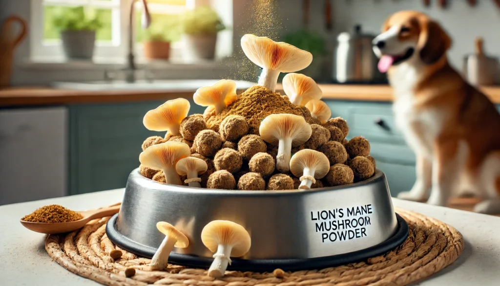 A close-up of a dog food bowl filled with nutritious kibble, sprinkled with Lion’s Mane mushroom powder, in a cozy kitchen setting with soft lighting, representing its integration into a dog’s diet for brain health.