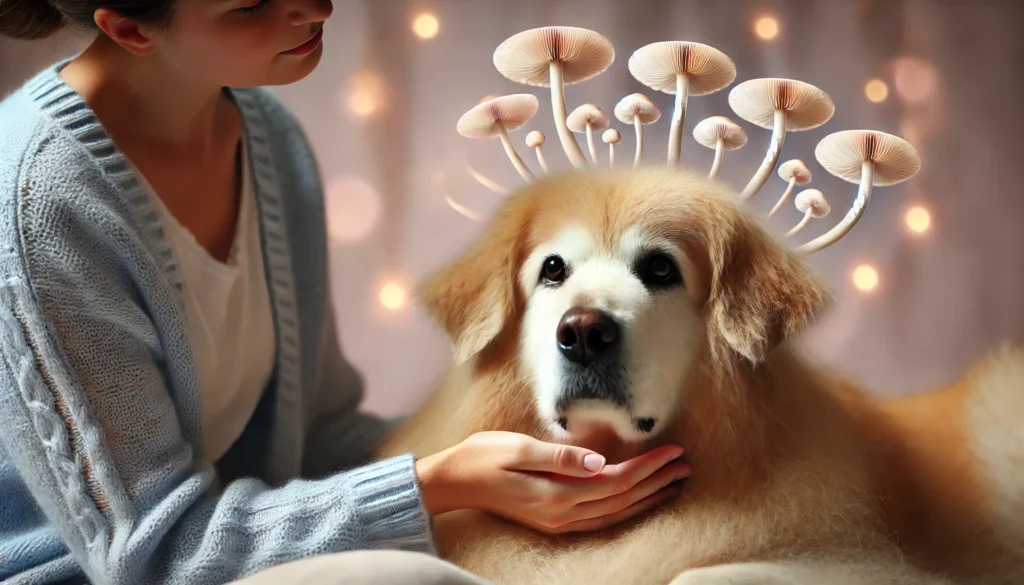 A serene moment between a senior dog and its owner, with the dog looking calm and content, while floating Lion’s Mane mushrooms glow in the background, symbolizing cognitive support for aging dogs.