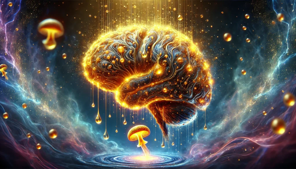 A futuristic depiction of a human brain made of golden neural pathways, illuminated by shimmering liquid drops from a floating Lion’s Mane mushroom. A cosmic-like background with mist evokes deep mental clarity.
