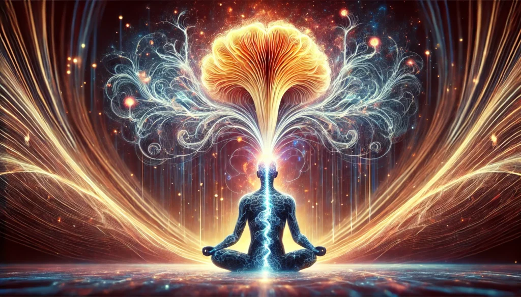 A meditative person receiving streams of glowing liquid energy from a Lion’s Mane mushroom. The liquid forms neural patterns and fractals, representing cognitive enhancement. The ethereal background blends warm and cool colors, symbolizing mindfulness.