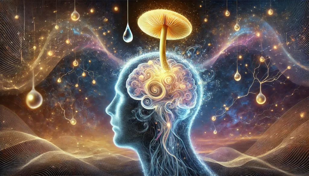 A surreal scene of a transparent head filled with swirling luminous liquid, representing enhanced cognitive function. A radiant Lion’s Mane mushroom drips glowing drops into the liquid, set against a dreamy celestial backdrop.