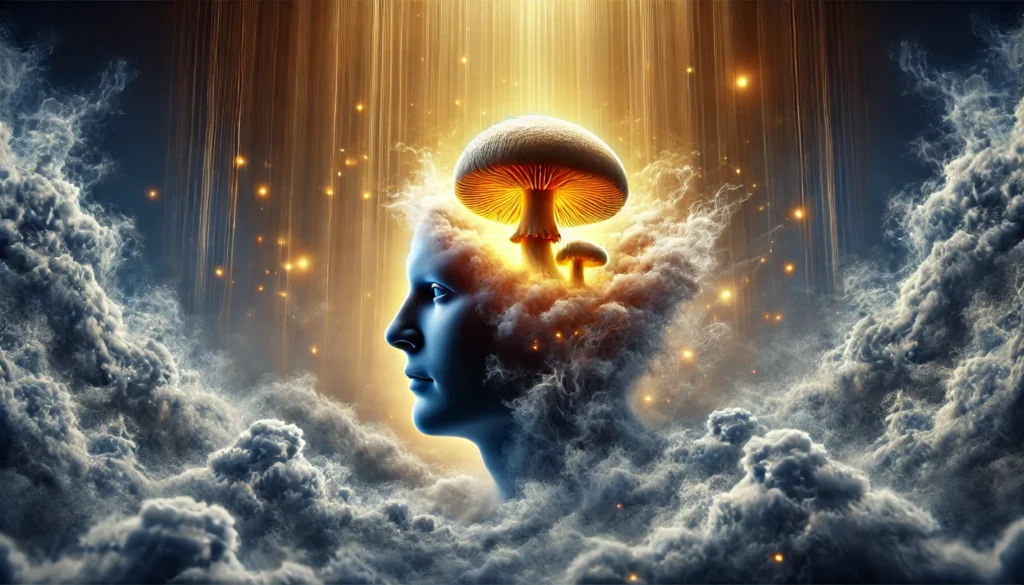 A surreal depiction of a human head emerging from thick fog, with a radiant Lion’s Mane mushroom glowing inside the brain area. The fog fades into golden energy streams, representing mental clarity and focus.