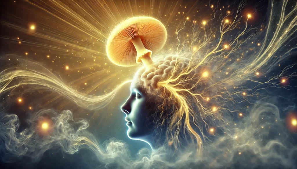 A conceptual representation of a person’s mind illuminated by golden energy flowing from a Lion’s Mane mushroom. Dissolving fog reveals glowing neural connections, symbolizing improved cognitive function and clear thinking.