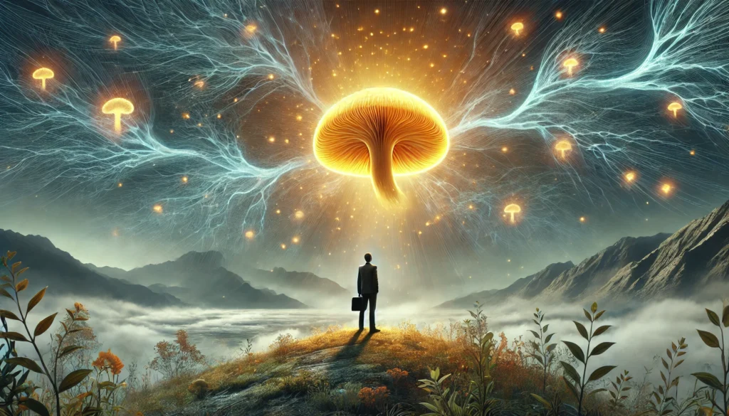 A person standing in a misty landscape, gazing up at a floating Lion’s Mane mushroom emitting warm golden light. The light cuts through the fog, signifying brain fog lifting and mental clarity, while abstract neural pathways subtly form in the air.