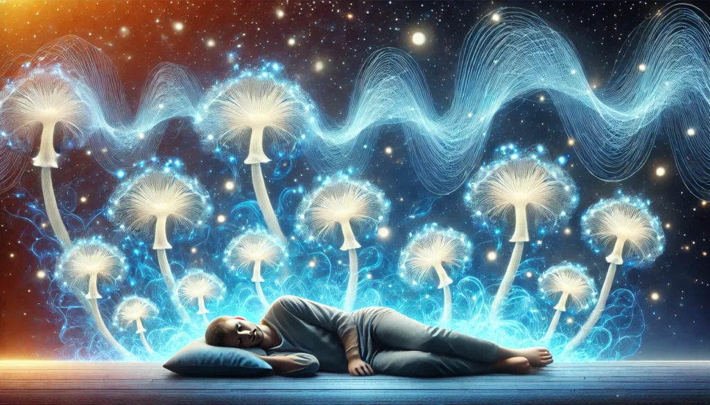 A dreamlike depiction of a person sleeping peacefully, surrounded by floating, glowing Lion’s Mane mushrooms. Wisps of calming blue energy swirl around them, with neural waves forming in the starry night sky, representing mental restoration during sleep.