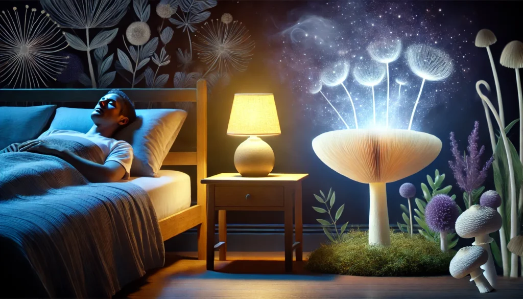 A tranquil bedroom setting at night with a softly glowing Lion’s Mane mushroom on a bedside table. The mushroom emits a golden light, casting a relaxing ambiance, while gentle blue mist rises, symbolizing deep sleep and cognitive rejuvenation.