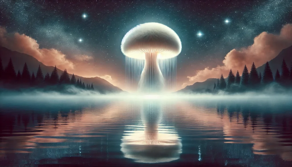 A surreal nighttime landscape with a floating Lion’s Mane mushroom radiating a calming glow. Below, a tranquil lake reflects its light, blending mist and stars into the sky, symbolizing relaxation, peaceful sleep, and mental clarity.