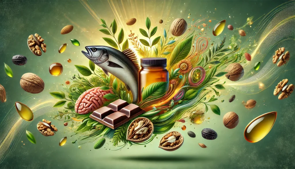 A vibrant composition of brain-boosting natural supplements such as omega-3-rich fish oil, green tea leaves, walnuts, and dark chocolate. The elements are dynamically floating in an energy swirl, symbolizing improved memory, focus, and cognitive vitality. The background is a natural gradient of green and gold.