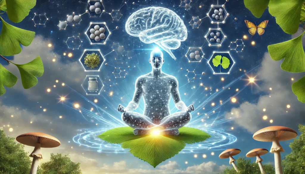 An artistic visualization of a person meditating with a glowing brain, radiating waves of focus and clarity. Floating around them are molecular structures representing nootropic supplements, along with ginkgo biloba leaves and mushrooms. The tranquil blue sky with light sparkles in the background evokes mental balance and sharp cognition.